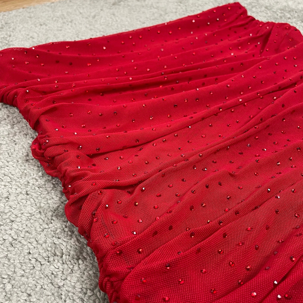 AFRM Skirt Small Red Desani Rhinestone Dotted Ruched Mini Bedazzled Club Rave - Picture 4 of 11